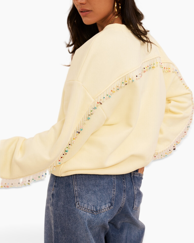 sweatshirt, cream, embellished, beaded trim, long-sleeve