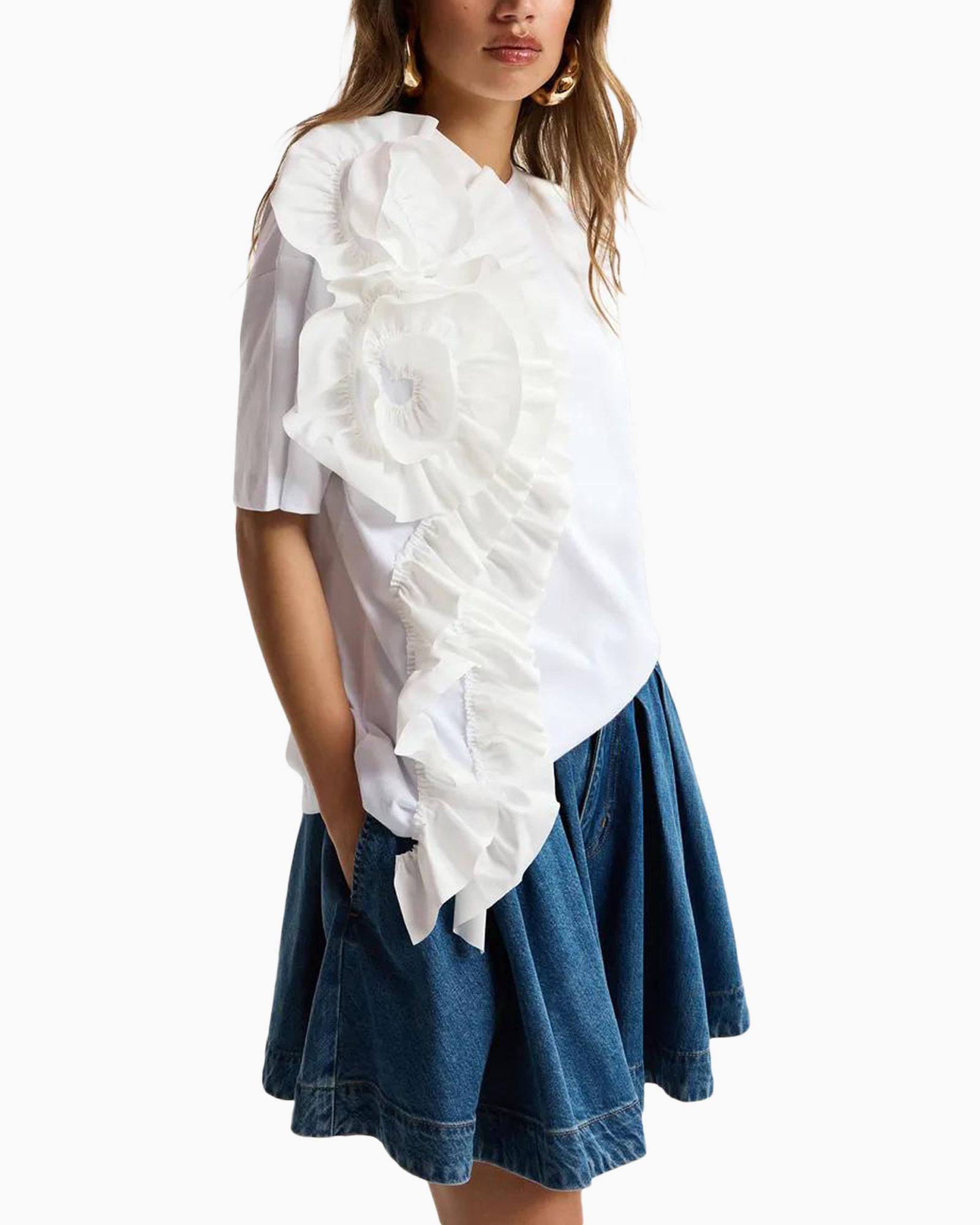 blouse, ruffles, white, short sleeve, denim skirt