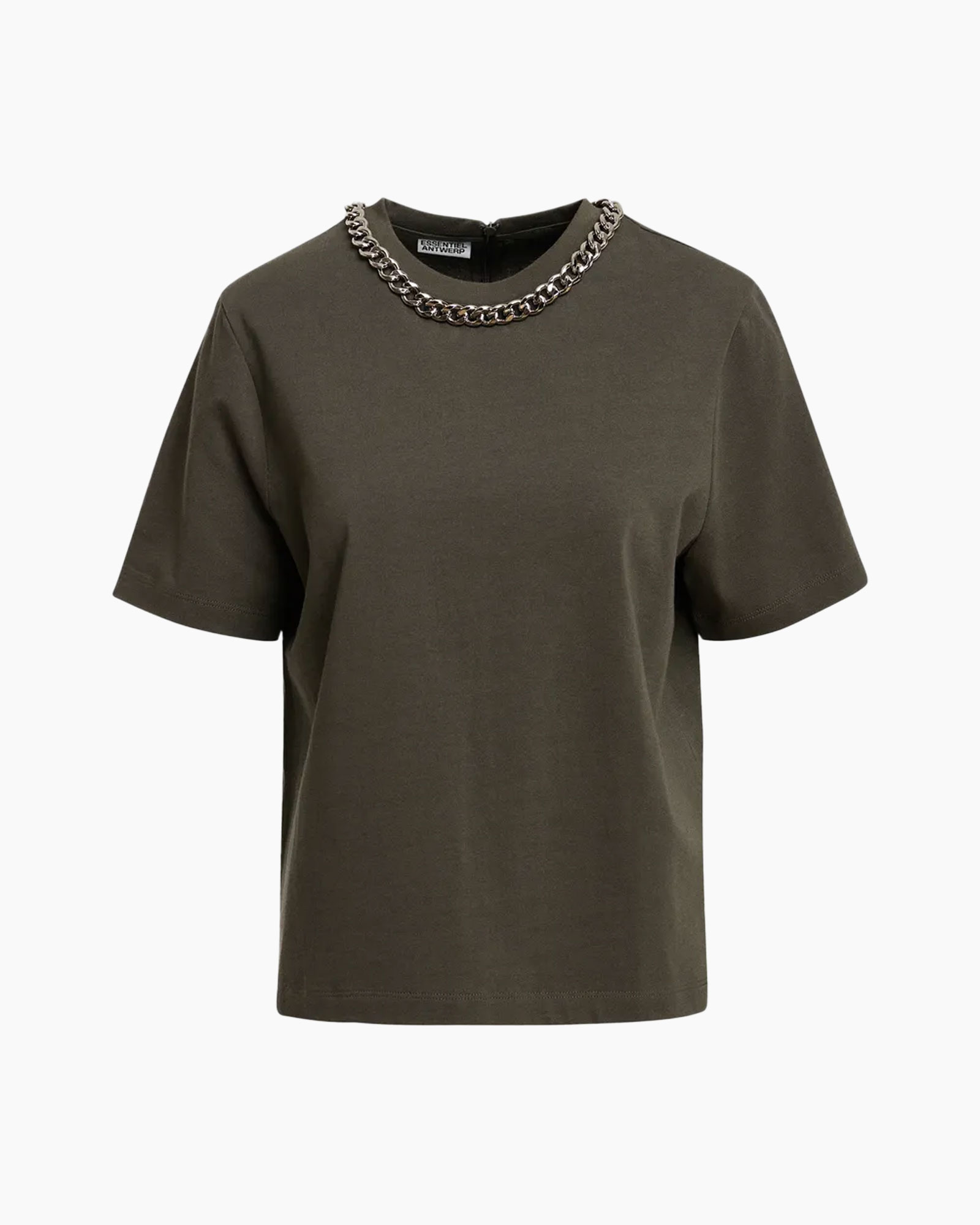 tshirt, short sleeve, olive, chain necklace, plain