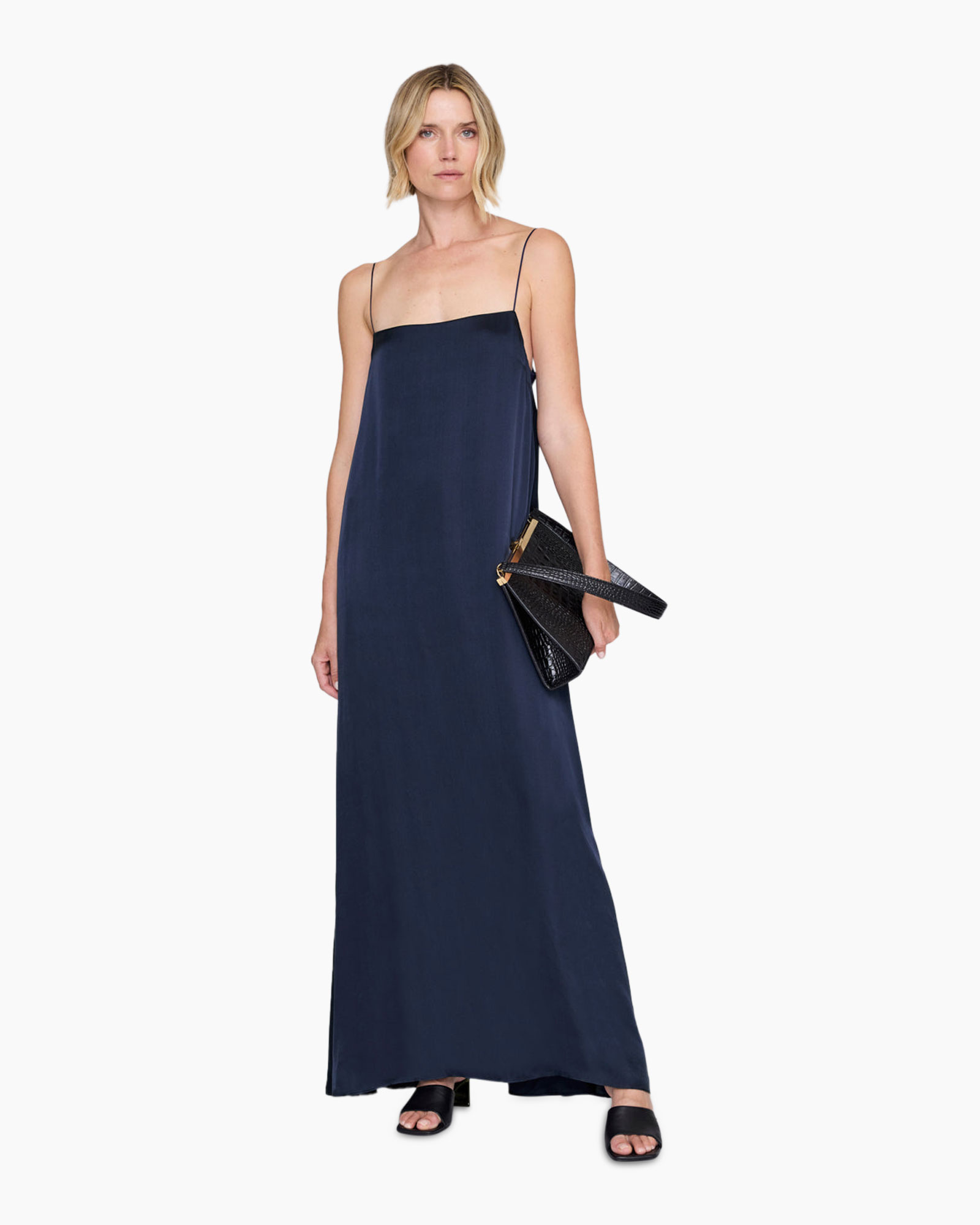 dress, maxi dress, slip dress, navy, spaghetti straps