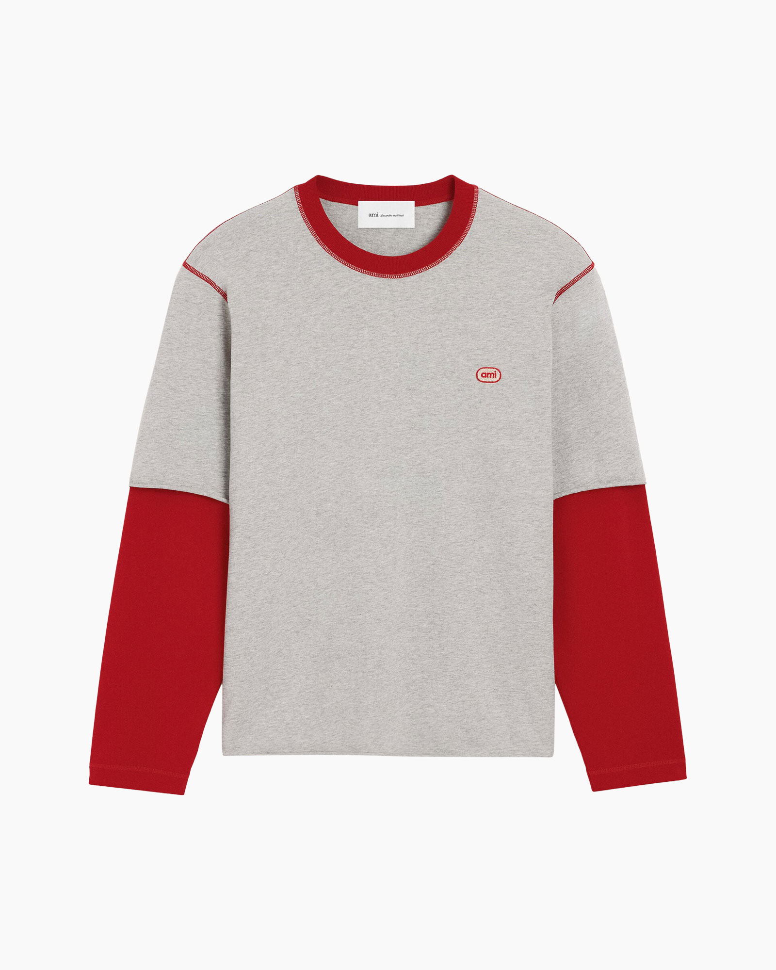 sweatshirt, long sleeves, grey, red sleeves, crew neck