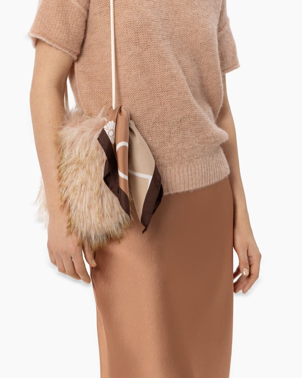 handbag, faux fur, scarf accent, beige bag, crossbody bag