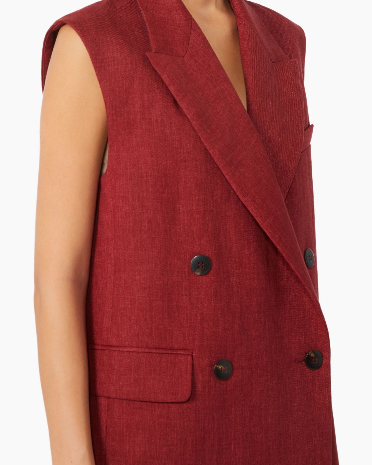 red, vest, double-breasted, sleeveless, pocket