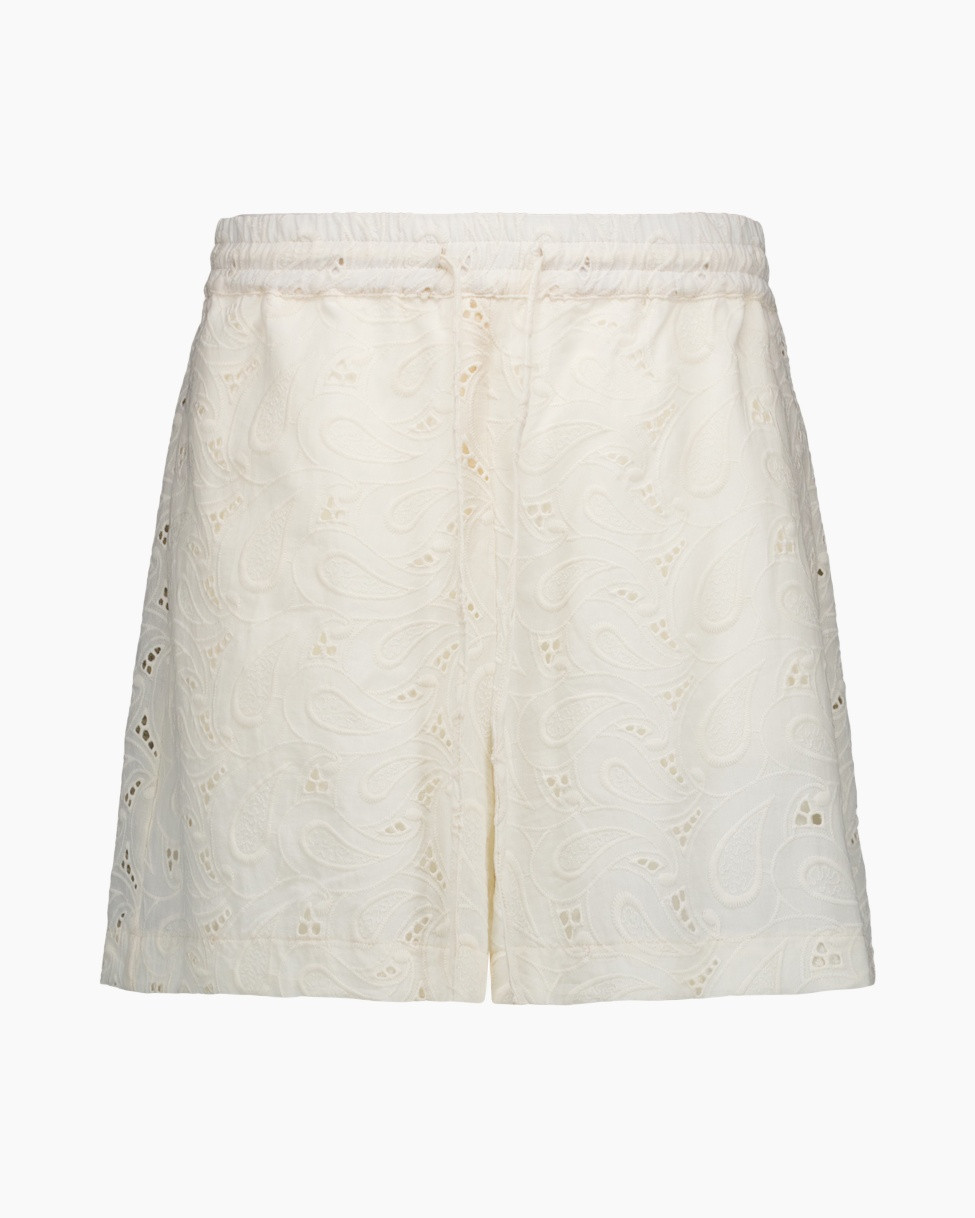 shorts, white, paisley, eyelet, elastic waistband