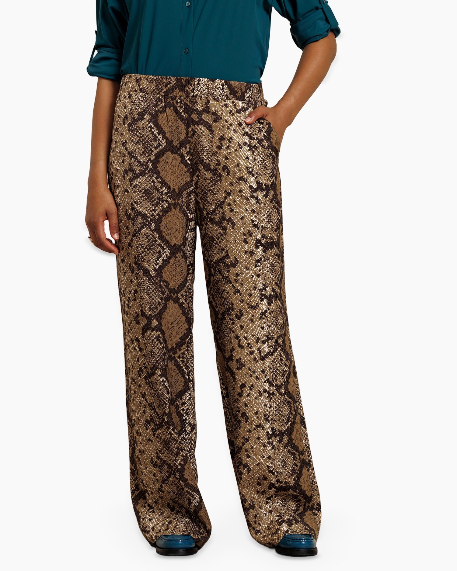 snake print, wide-leg pants, brown pants, fashion pants, patterned fabric