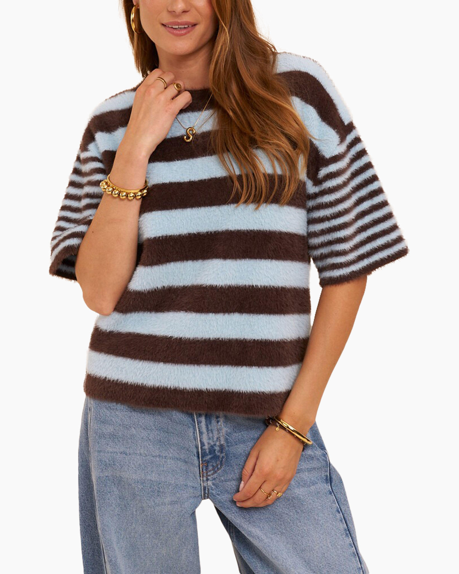 striped sweater, half-sleeve, blue brown, soft knit, crew neck