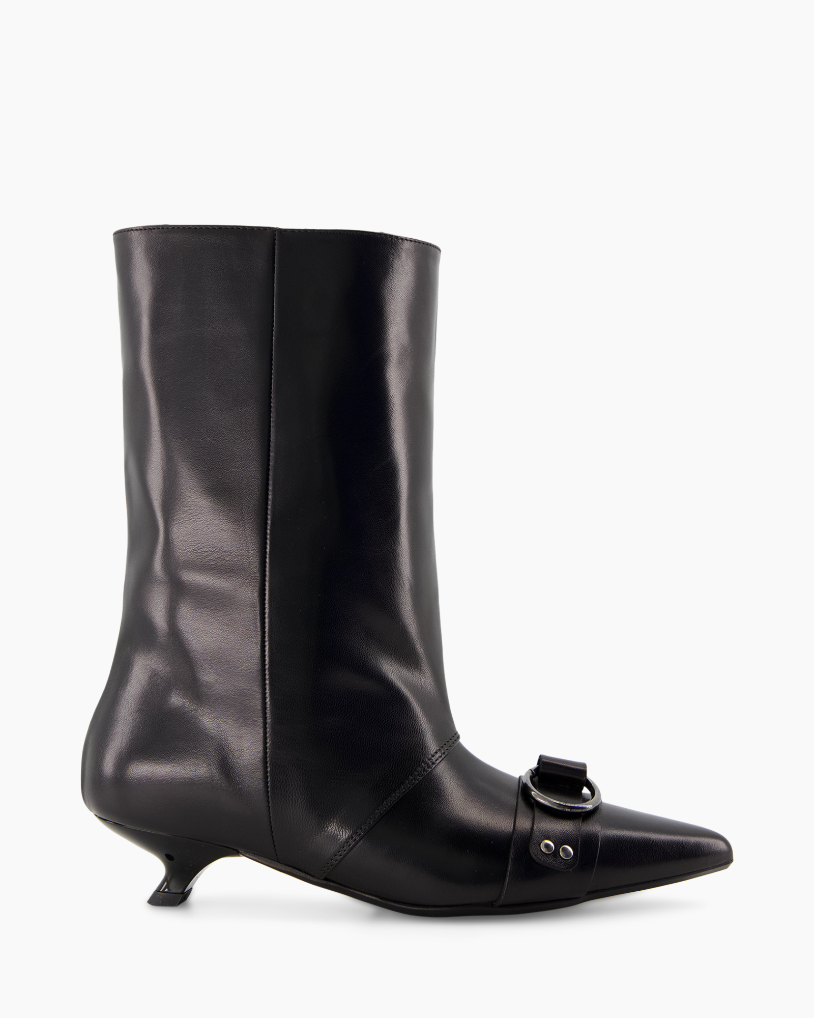 boot, mid-calf, black, leather, heel