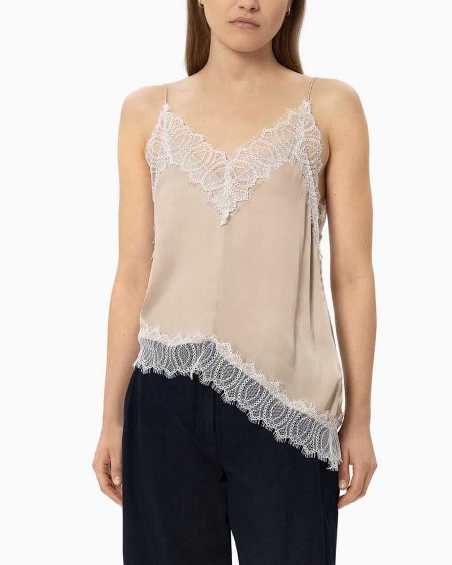 silk top, beige camisole, lace trim, spaghetti straps, asymmetric hem