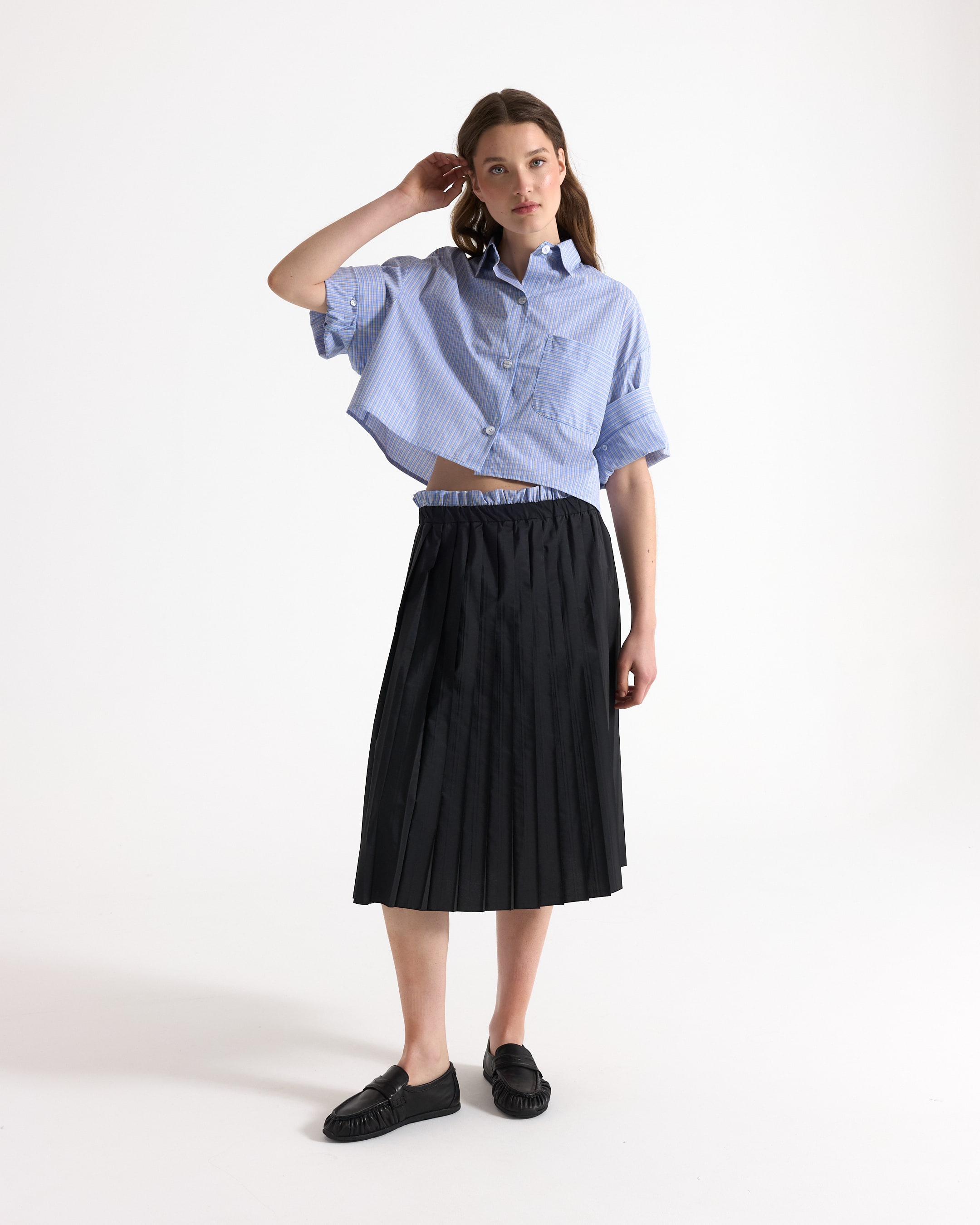 shirt, blue, checkered, cropped, short-sleeve