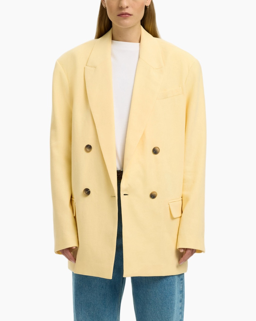 blazer, double-breasted, peach, longline, pocketed