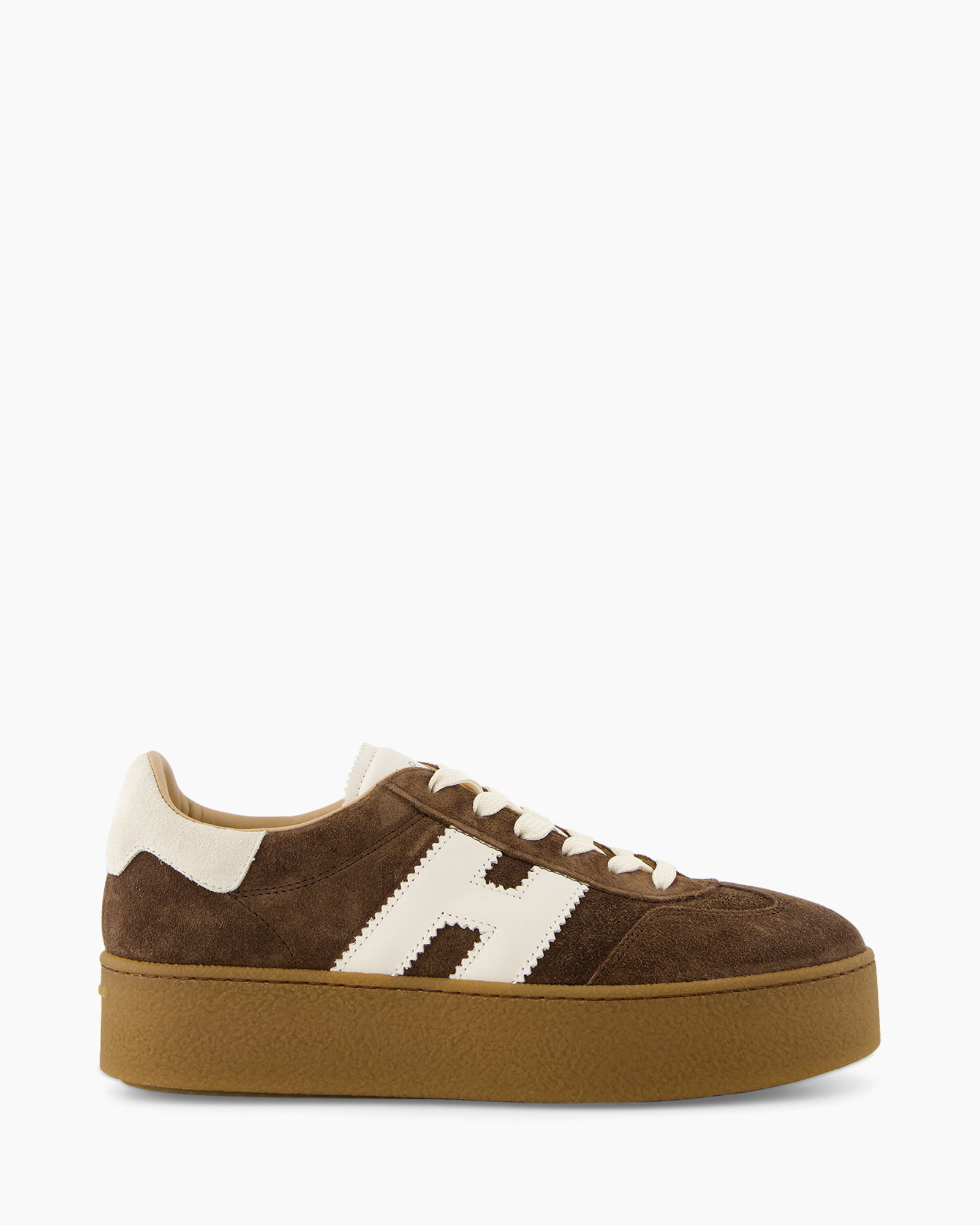 brown suede, platform sole, white sole, lace-up, athletic sneaker