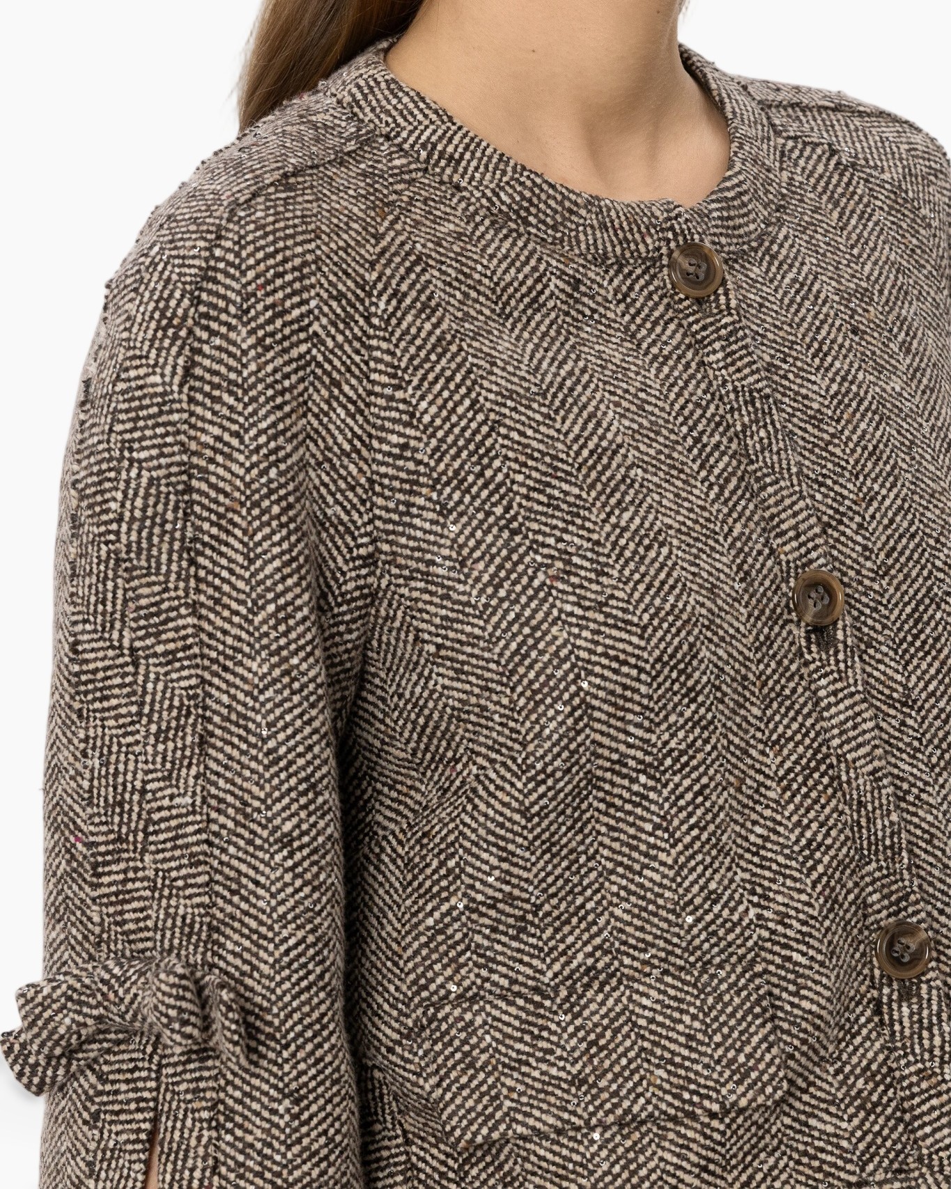 herringbone jacket, tweed jacket, buttoned cardigan, lace-trim top, neutral colors, herringbone jacket, woven jacket, buttoned cardigan, lace trim, neutral beige