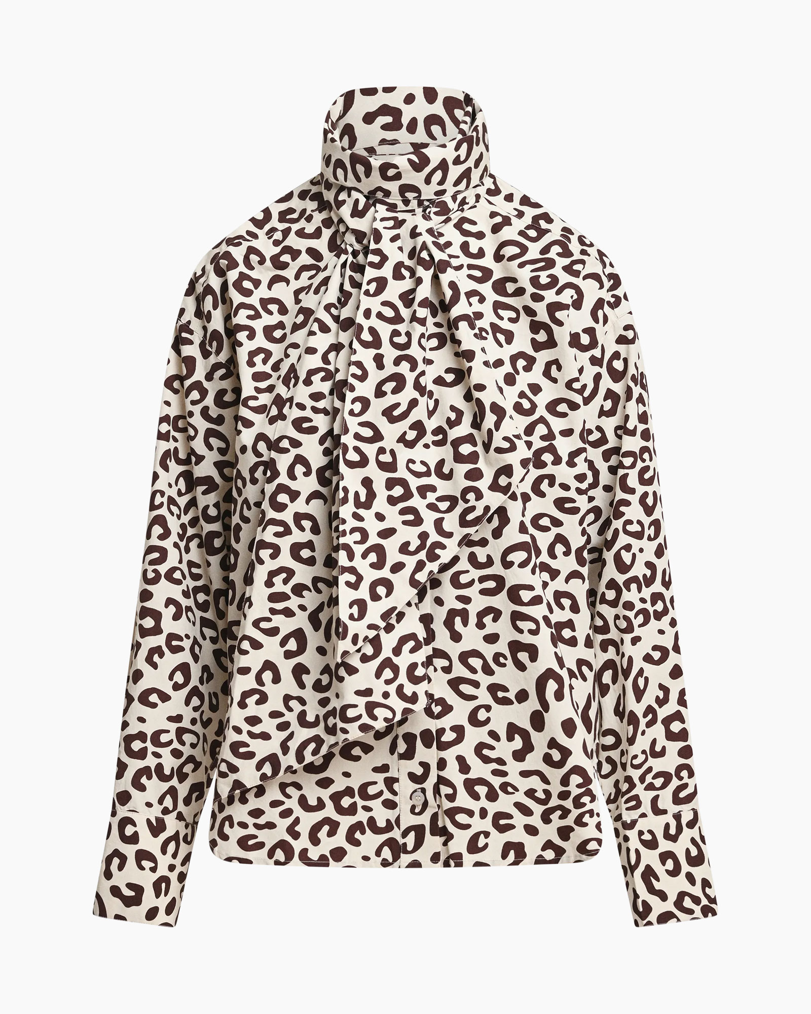 leopard print, blouse, long sleeves, high neck, wrap front