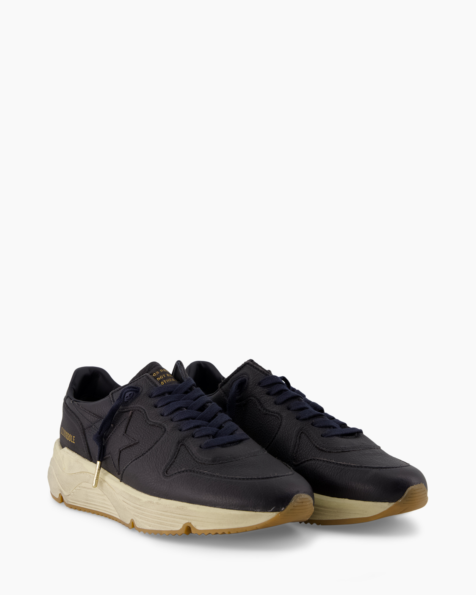 sneakers, athletic, blue laces, black leather, gum sole