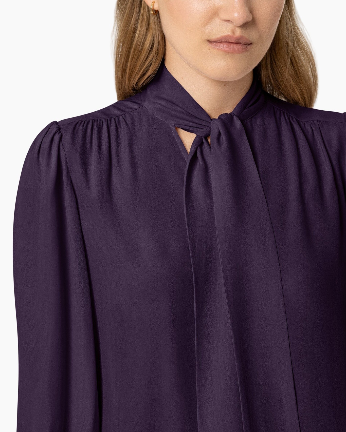 purple blouse, tie-neck, long sleeves, solid color, soft fabric