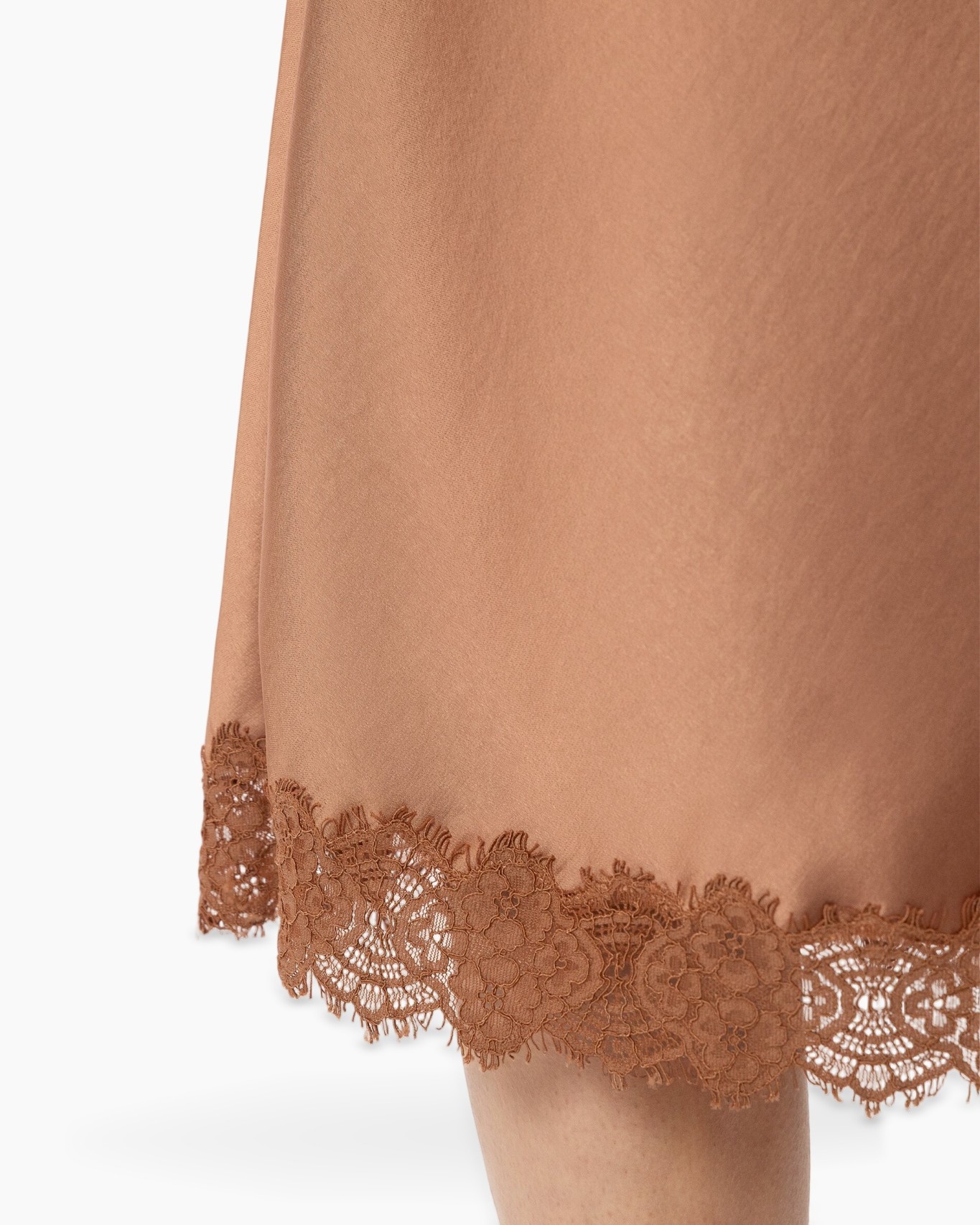 beige, lace trim, knee-length, silky fabric, skirt hem