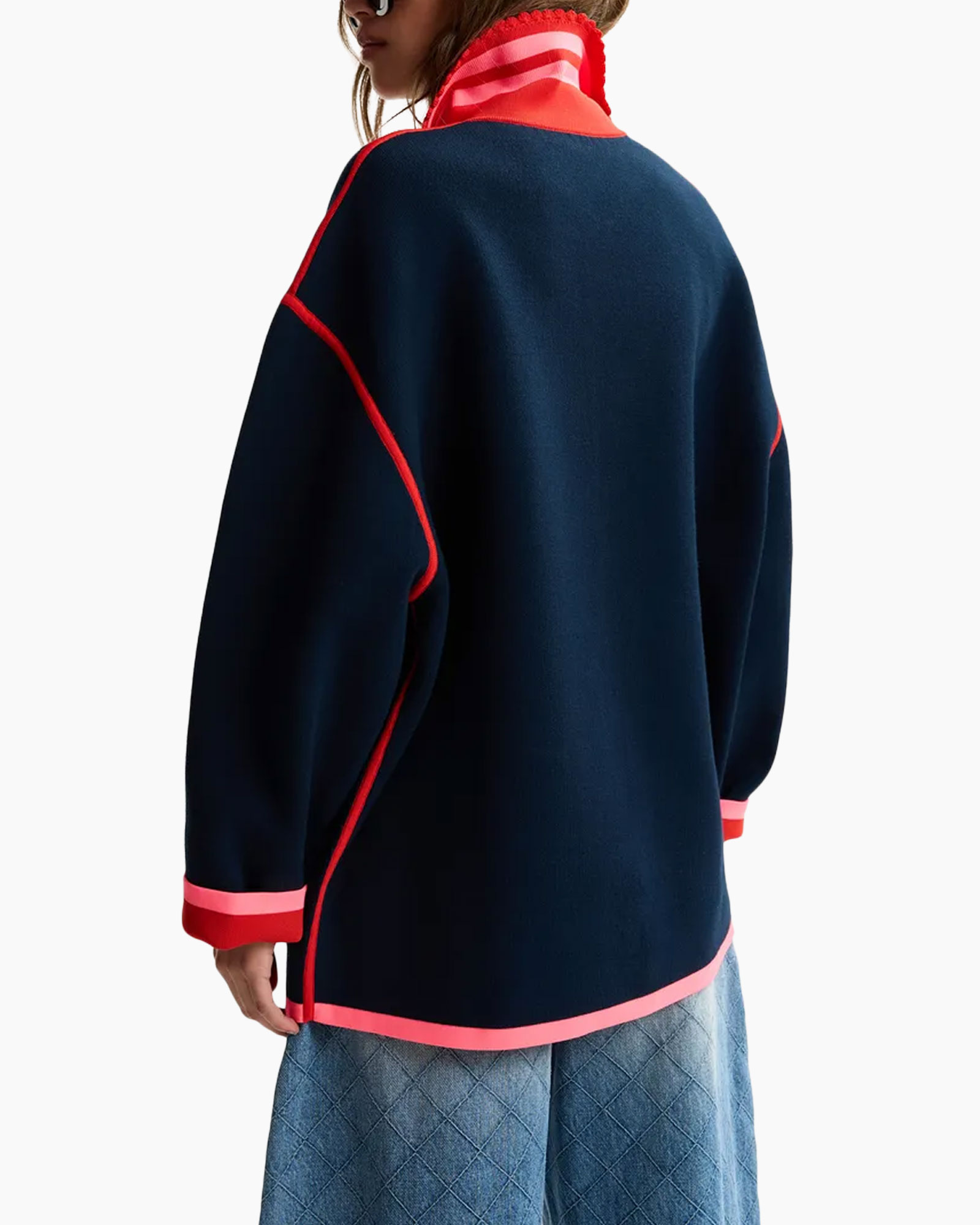 cardigan, navy, pink trim, pockets, long-sleeve