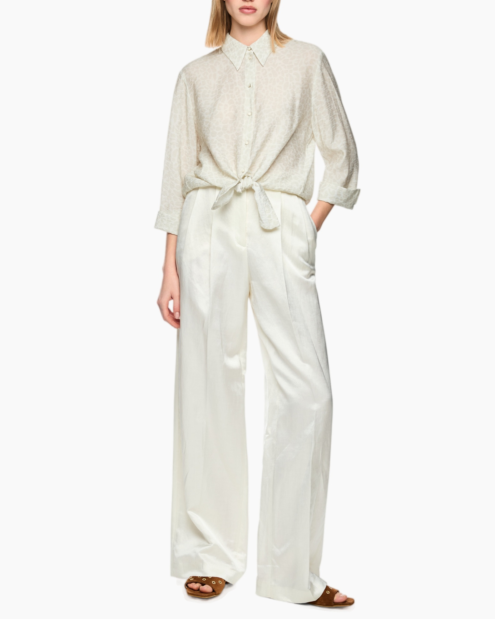 blouse, tie-front, long-sleeve, beige, patterned