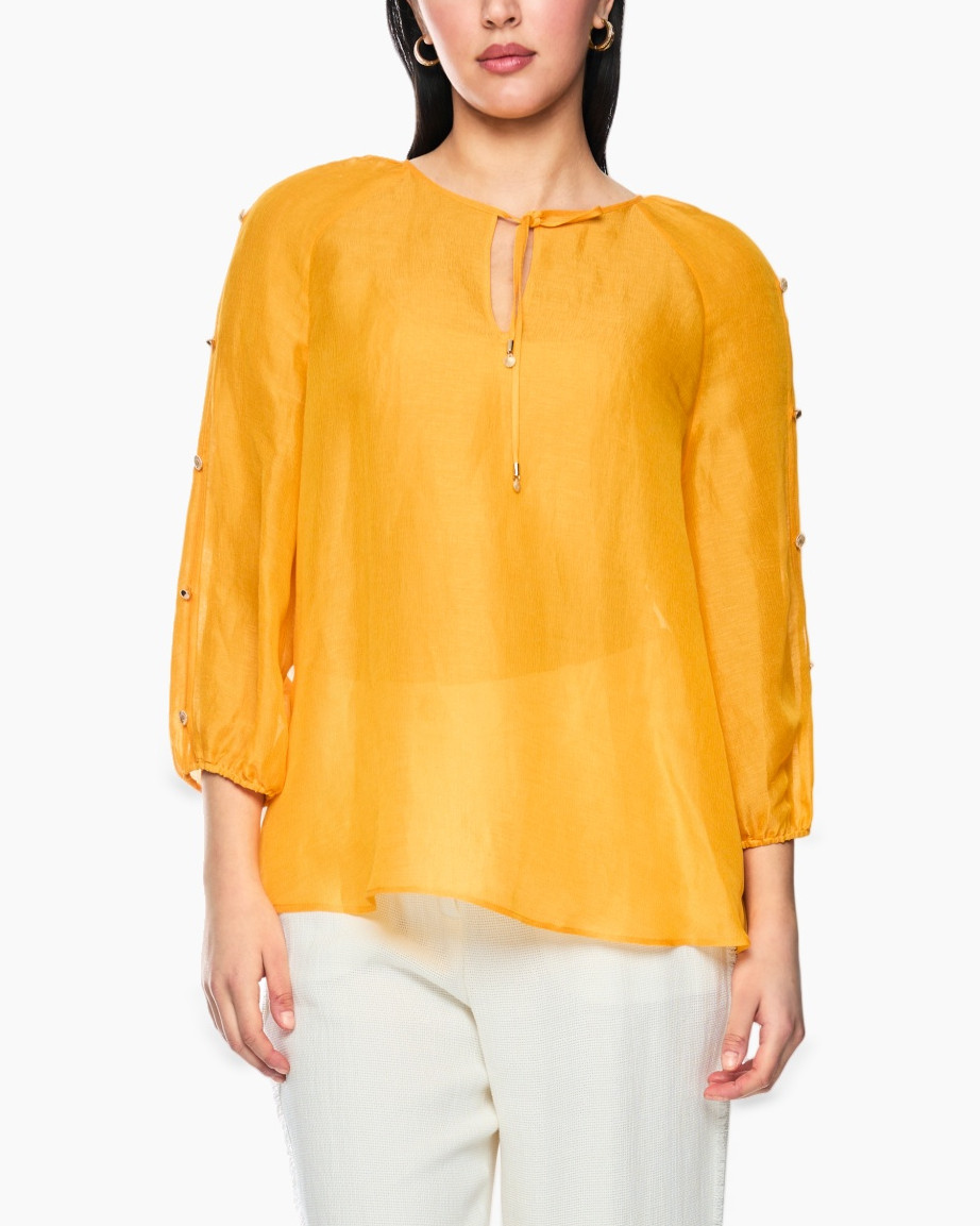 orange, blouse, longsleeve, tie-neck, button-details