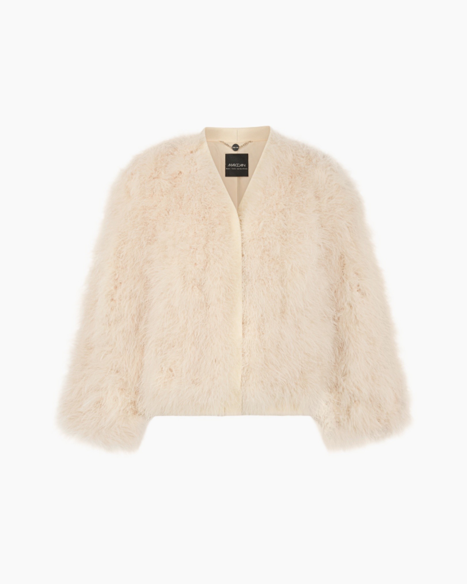 fur coat, cream, long sleeves, collarless, plush