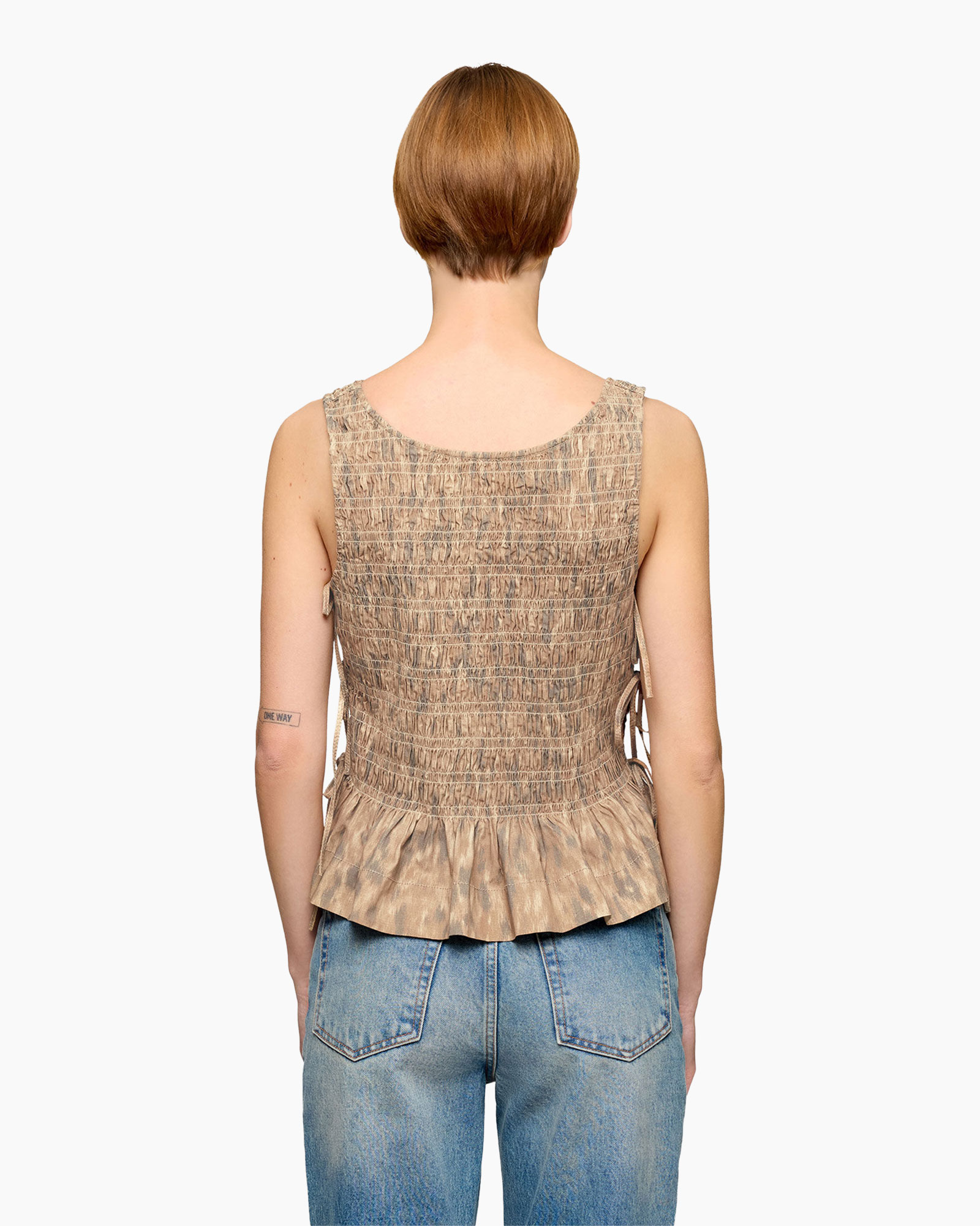 tank-top, sleeveless, smocked, ruffled, tie-side