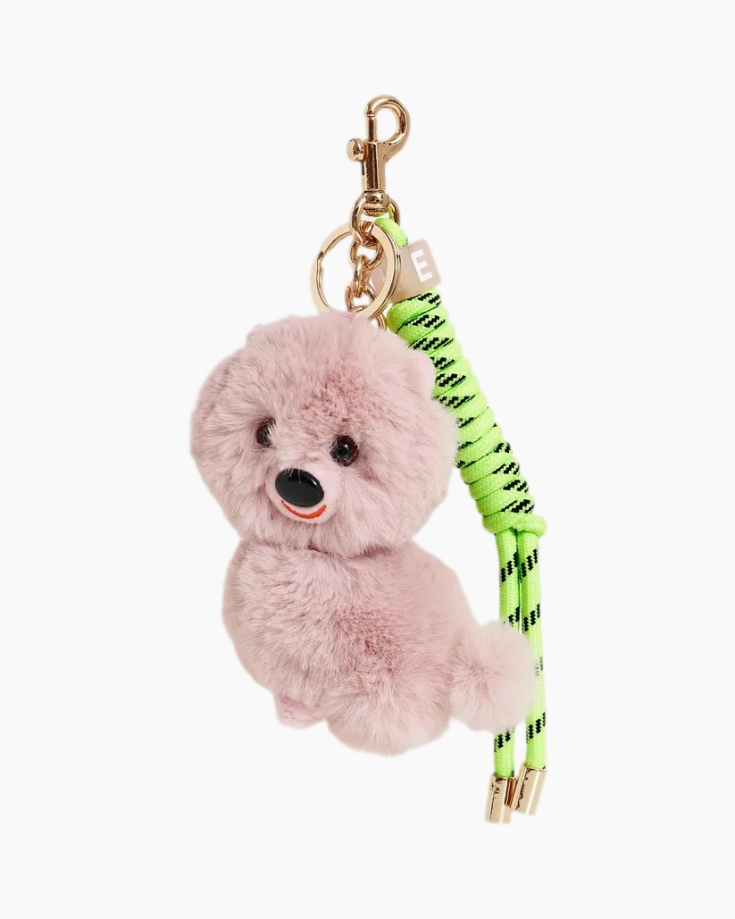 pink plush dog, keychain, pom pom, neon rope, metal lobster clasp