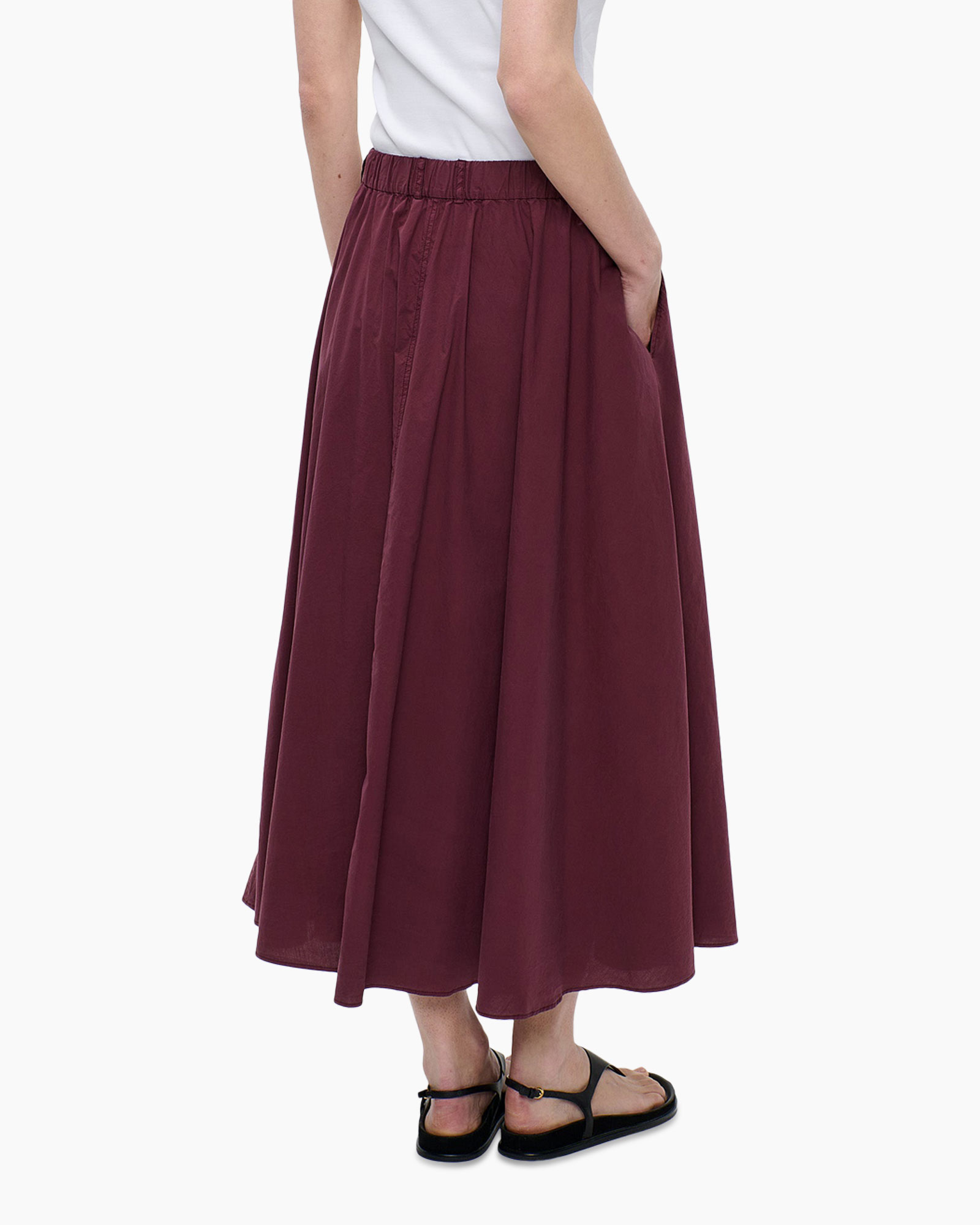 skirt, maxi, burgundy, elastic waist, pleated