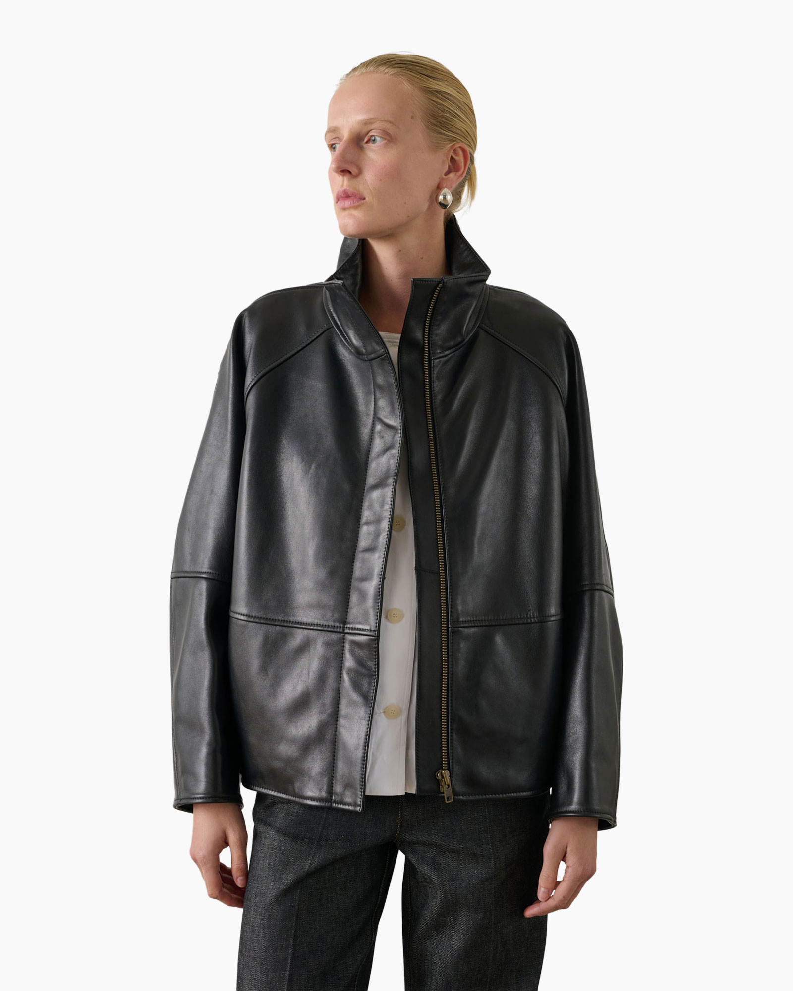 leather jacket, black, zipper, collar, long sleeves