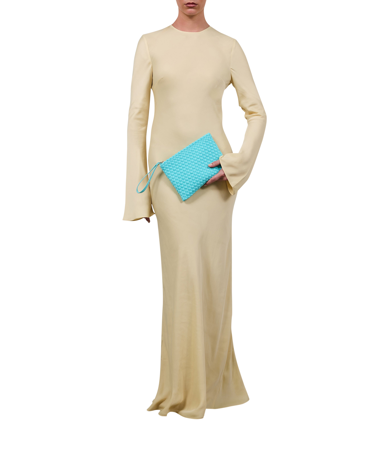gown, long-sleeve, beige, floor-length, clutch