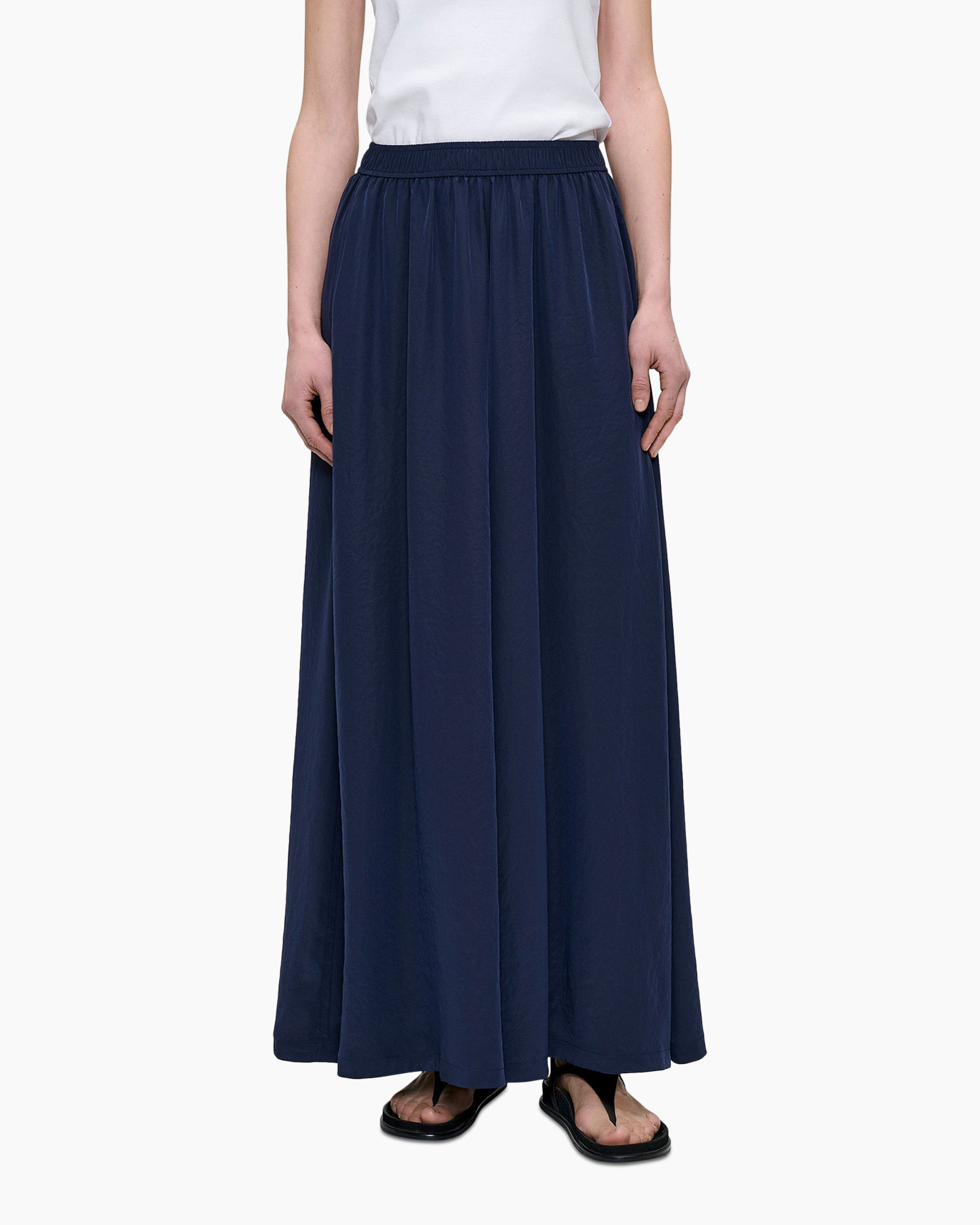 maxi skirt, navy blue, elastic waistband, ankle length, solid color