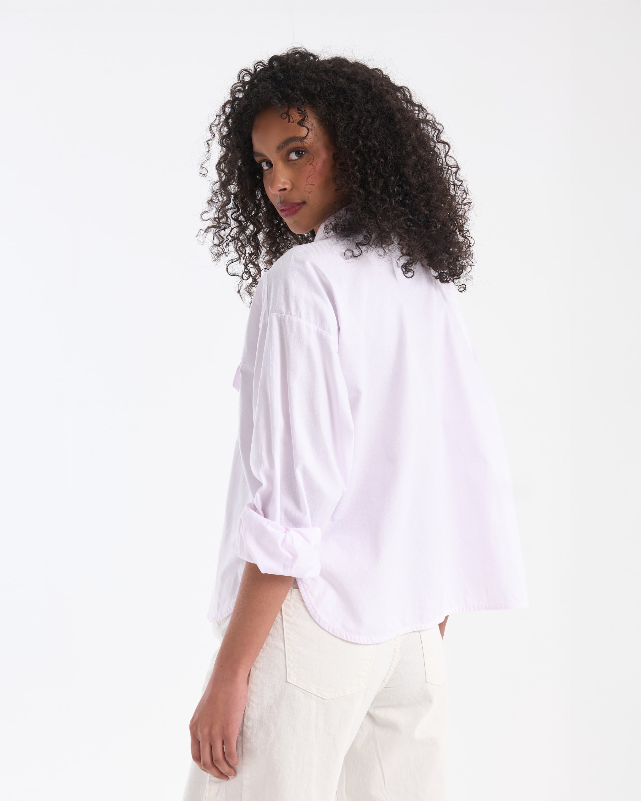 shirt, long sleeve, lavender, collared, loose fit