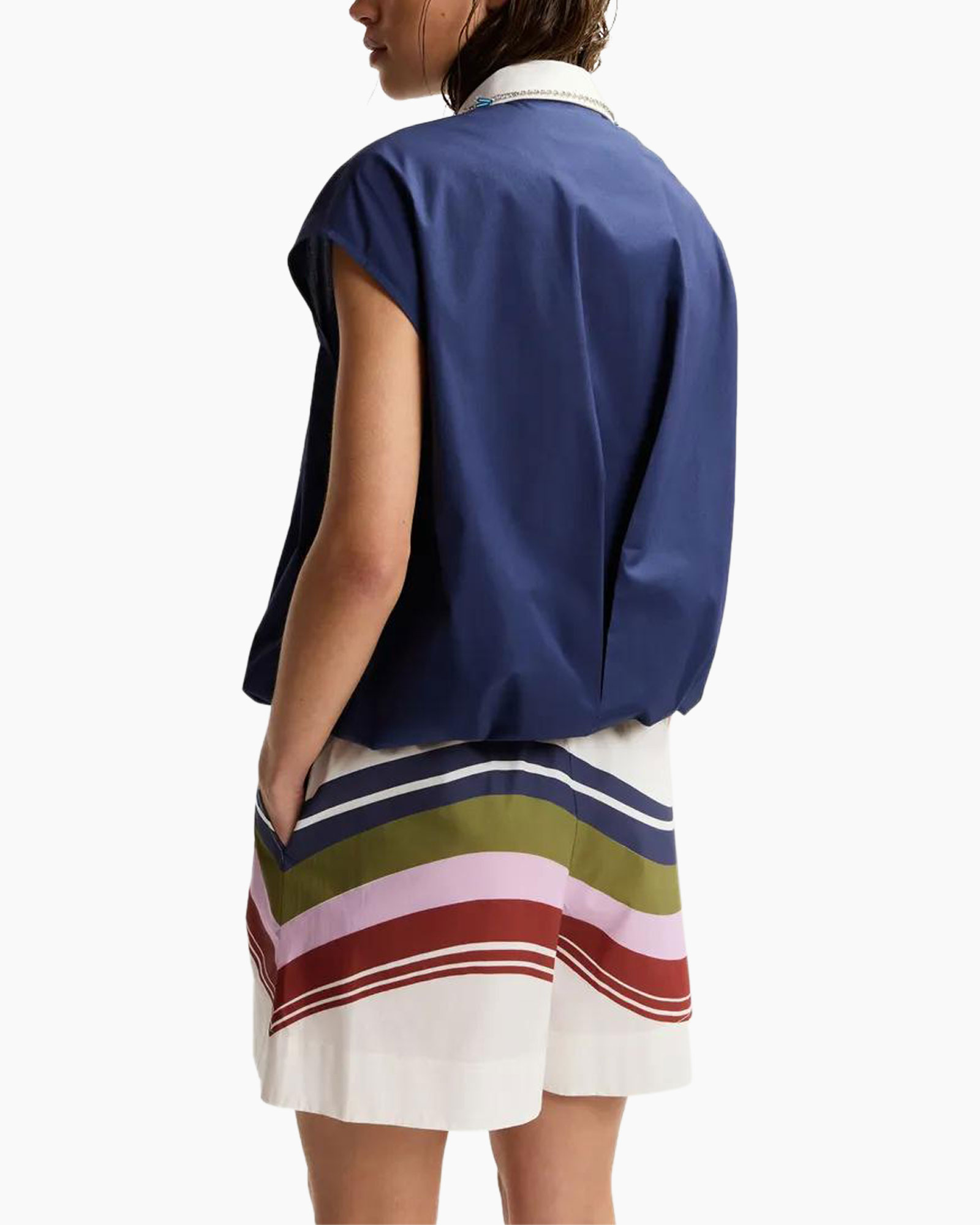 navy blouse, collared shirt, short-sleeve, beaded collar, multicolor shorts