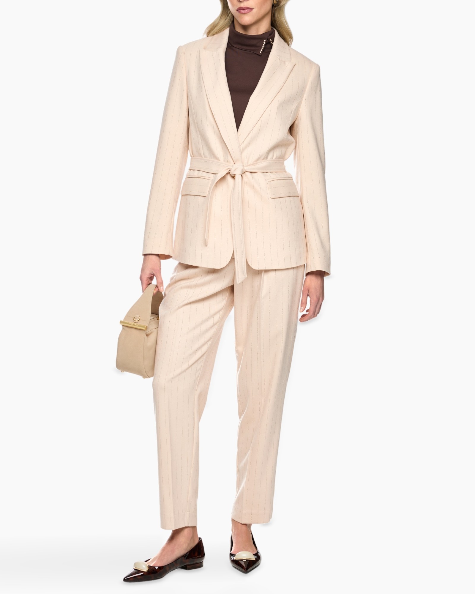 blazer, pantsuit, beige, pinstripe, belted