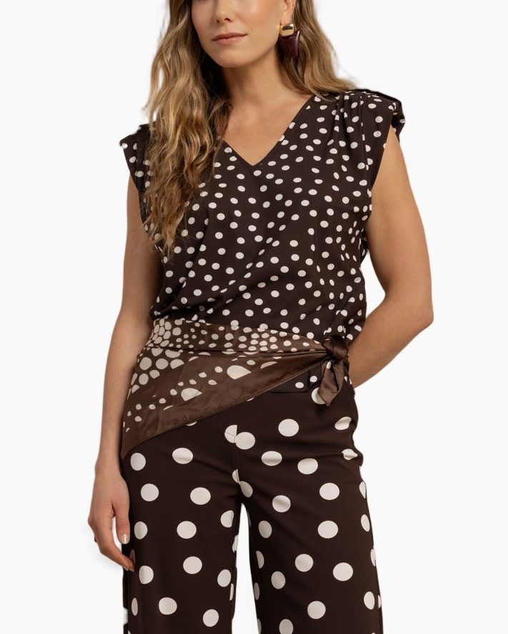 polka dot, brown top, v-neck, sleeveless, wrap pants