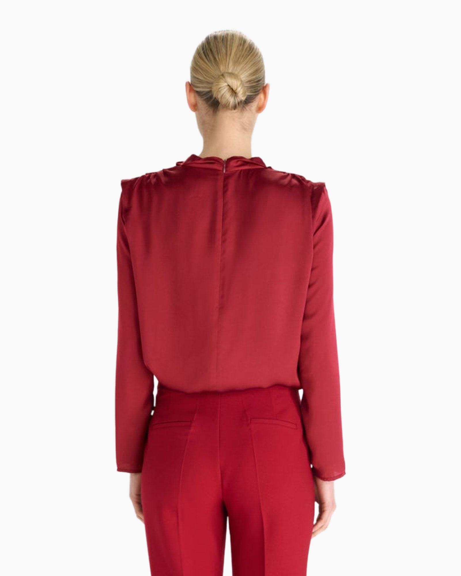 blouse, long sleeves, solid color, red, back view