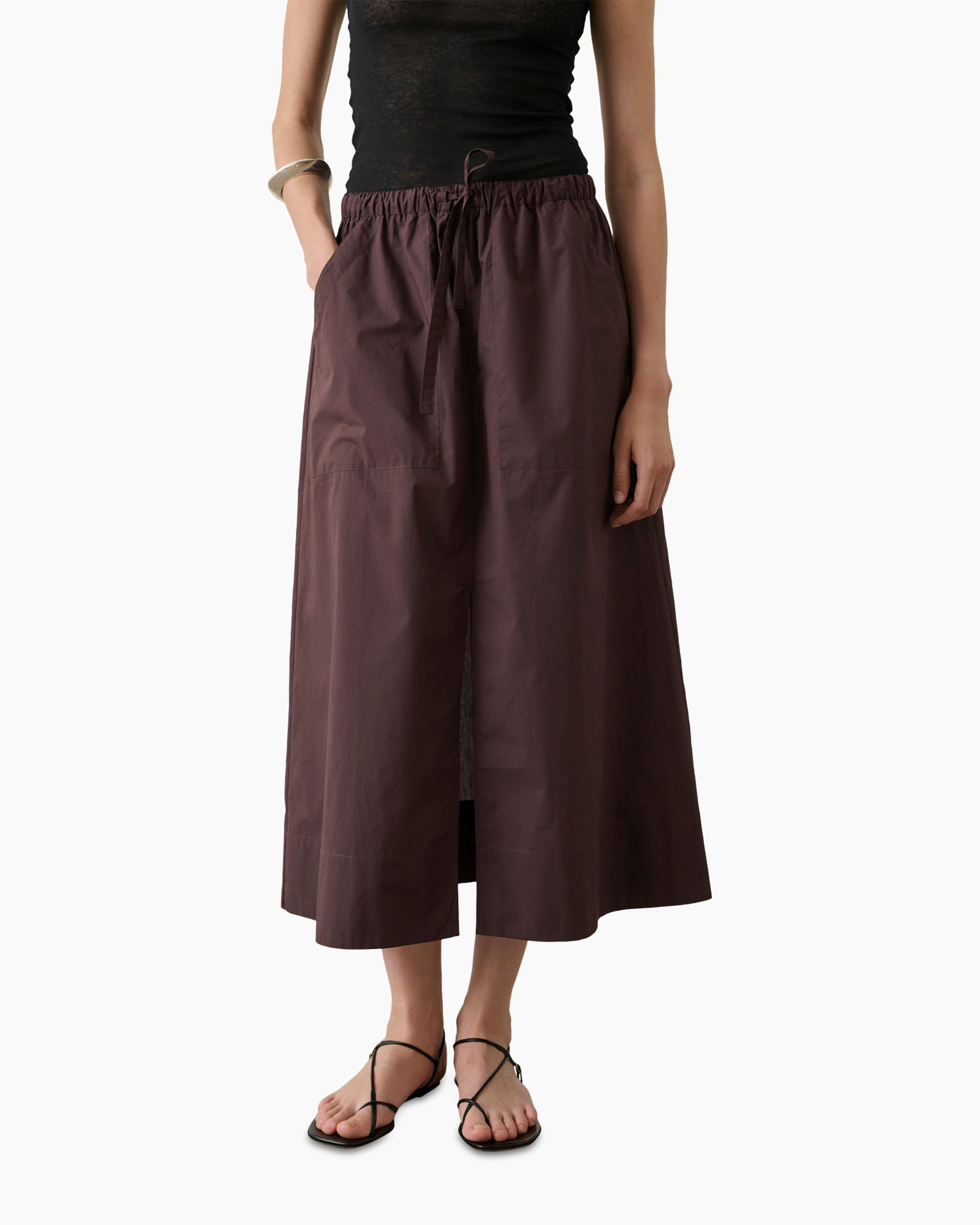 skirt, maxi skirt, drawstring waist, brown, linen look