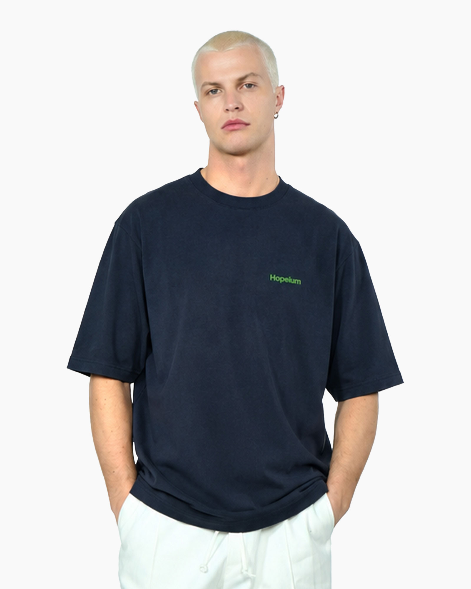 t-shirt, short-sleeve, navy, crew neck, green logo