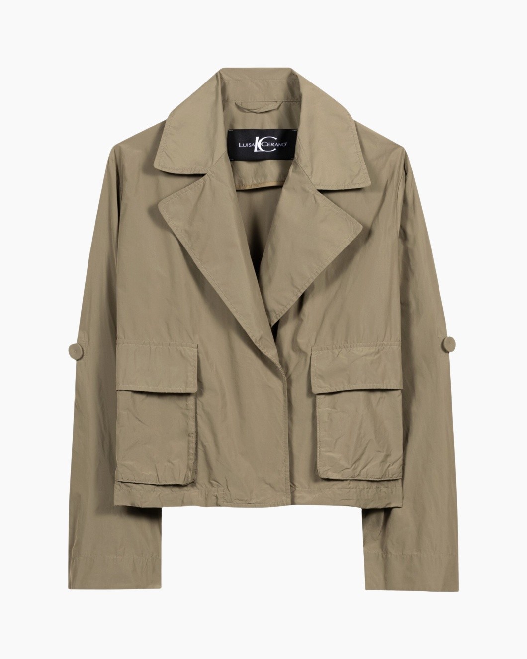 trench coat, cargo pockets, beige, buttoned cuffs, collared jacket
