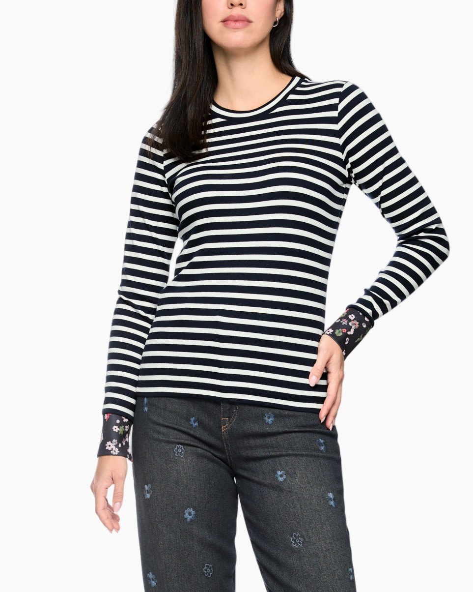 striped top, long sleeve, navy white, crew neck, casual knit