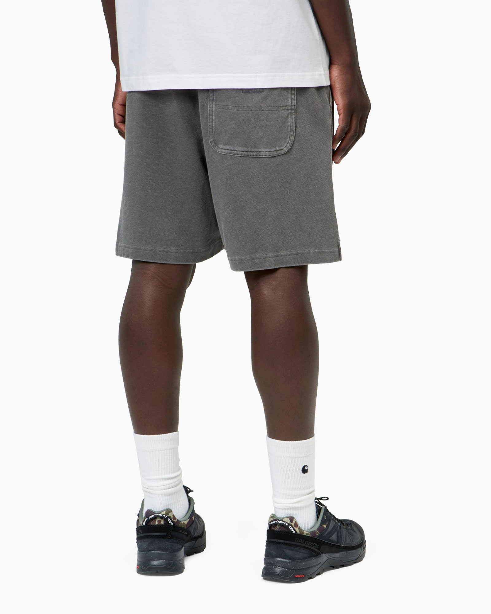 shorts, gray, athletic, knee-length, tapered fit