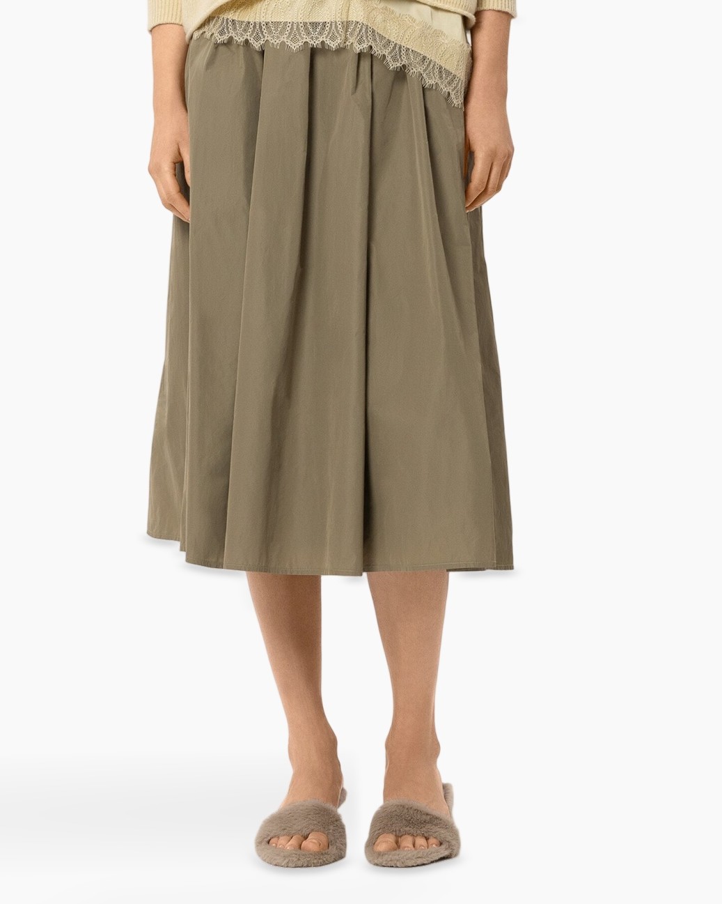 skirt, mid-length, khaki, pleated, linen-like, skirt, midi, olive, pleated, waistband
