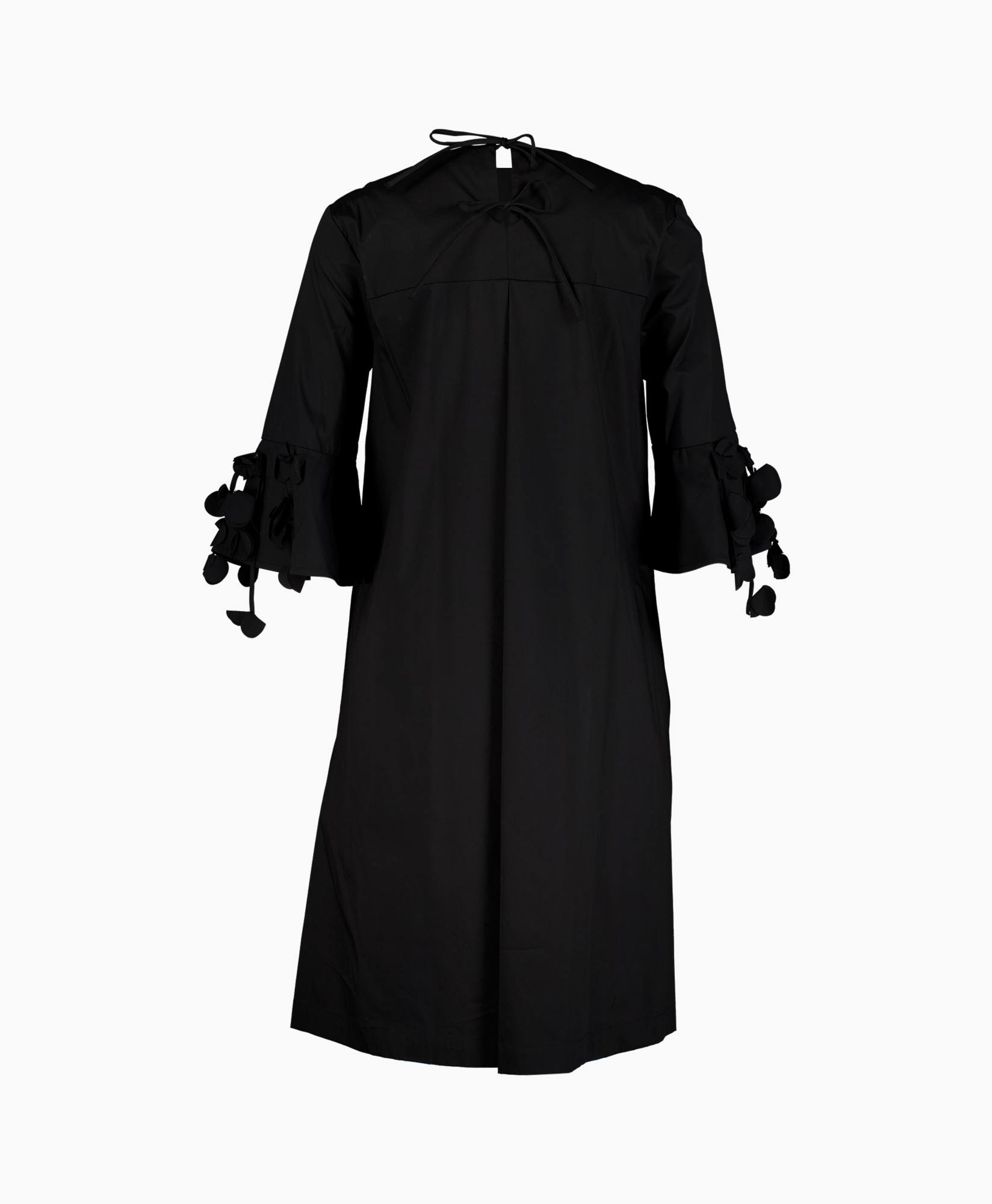 black dress, long dress, puff sleeve, tie neckline, floral pom pom cuffs