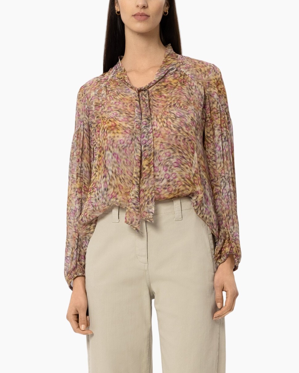 blouse, ikat pattern, long sleeve, sheer, tie-front