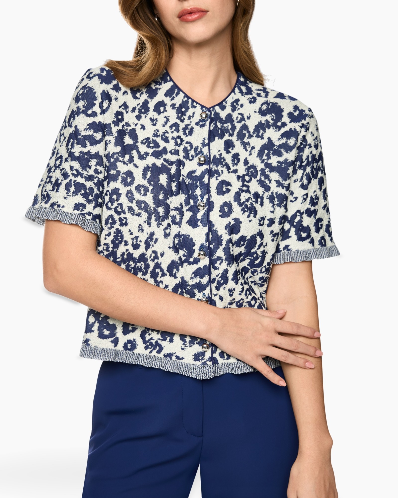 leopard print, cardigan, short sleeves, button front, blue white