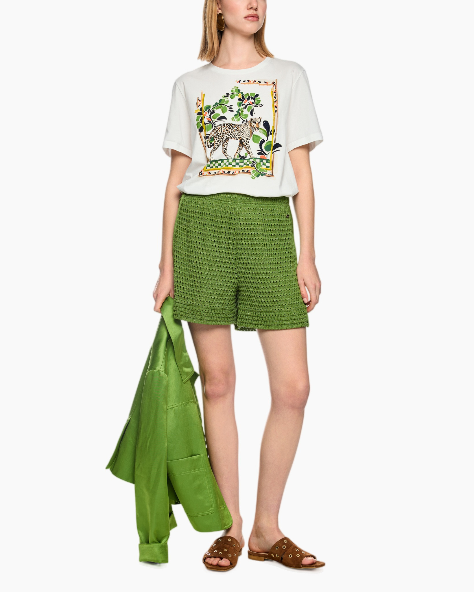 t-shirt, graphic print, shorts, green, sandals