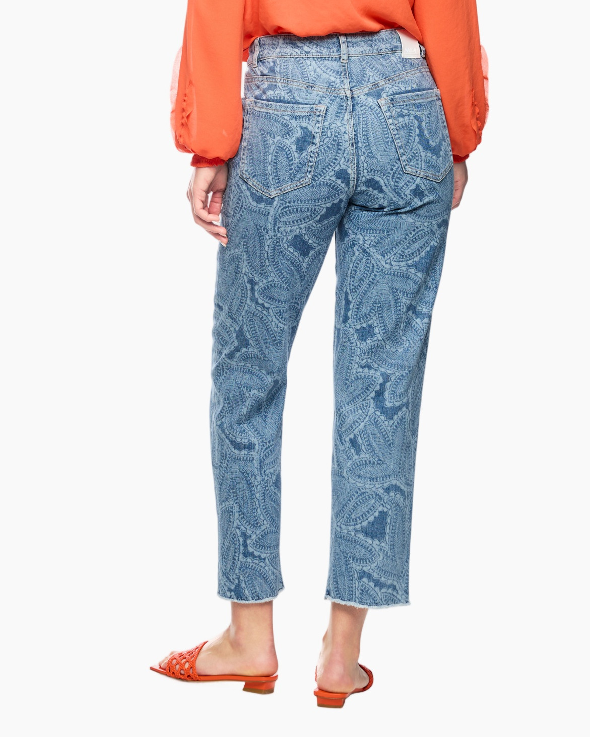 denim jeans, paisley pattern, light blue, mid-rise, cropped length