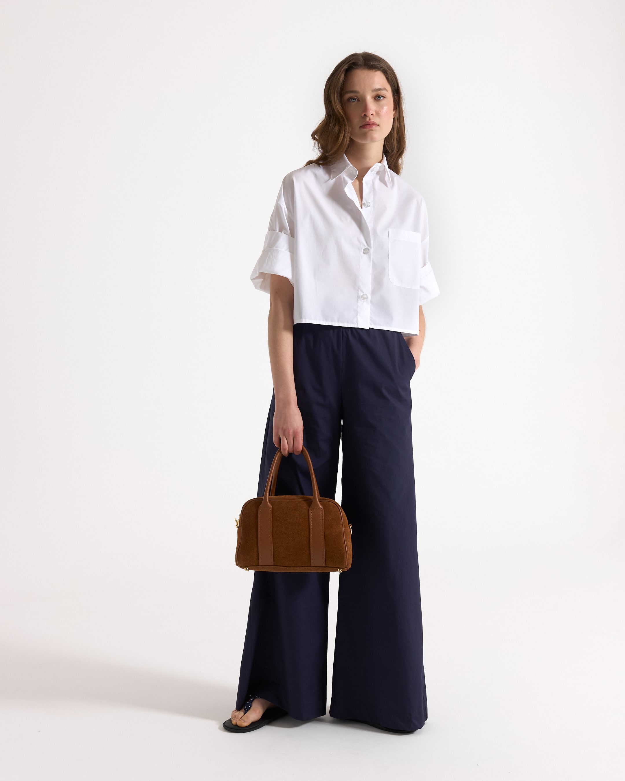 white shirt, short sleeve, button-down, pocket shirt, wide-leg pants