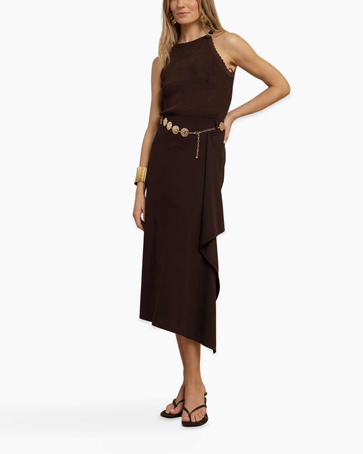 skirt, wrap skirt, asymmetrical hem, beaded belt, sleeveless top