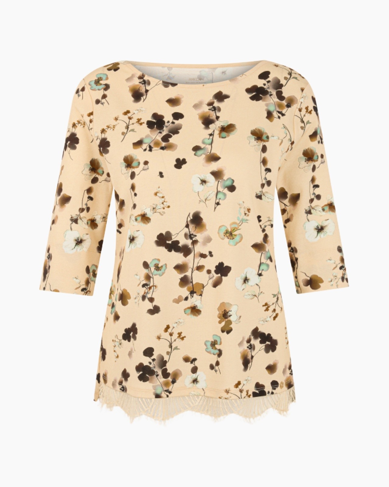 floral top, beige shirt, long-sleeve, fringe hem, calico pattern