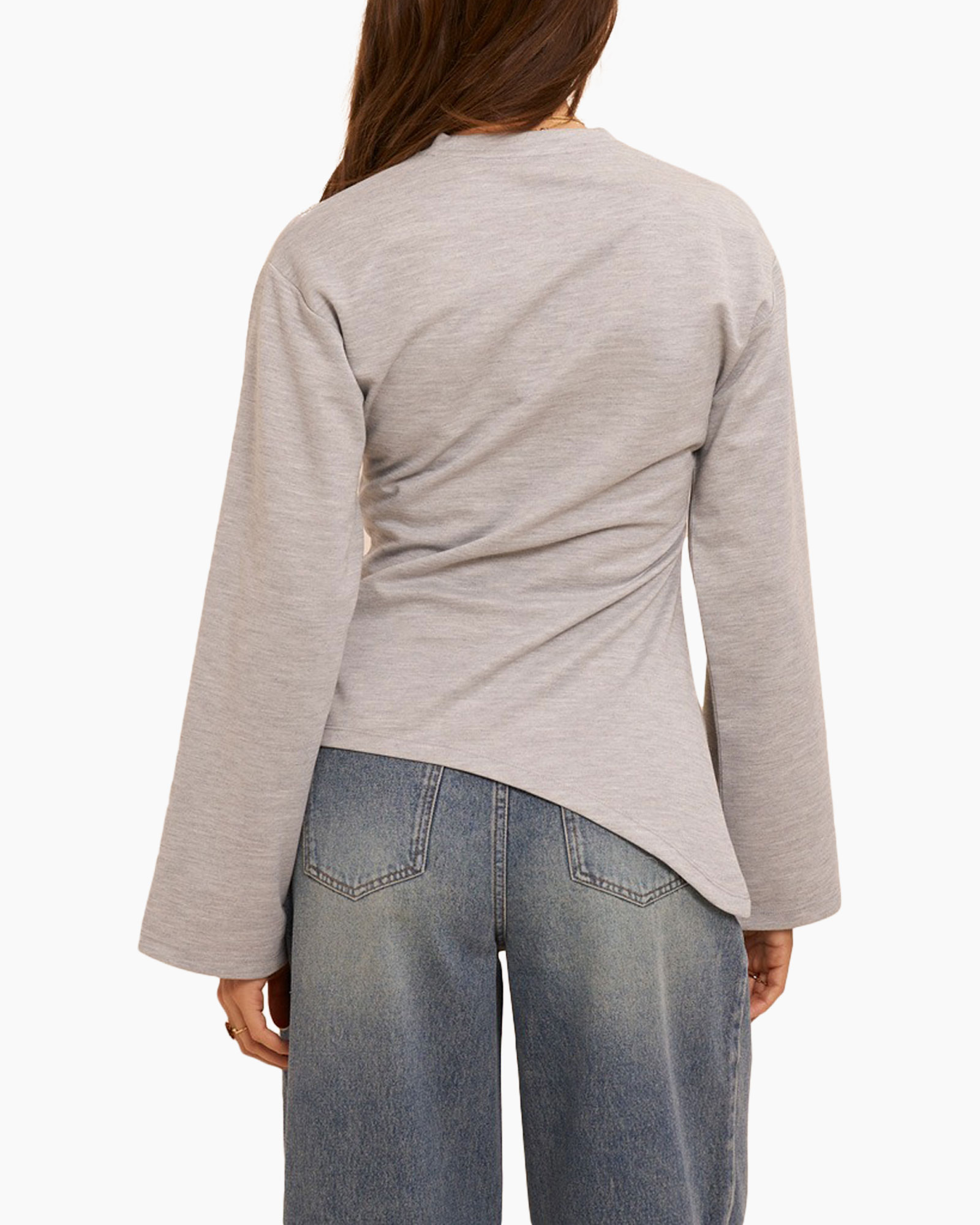 long-sleeve, gray, top, crewneck, twisted hem